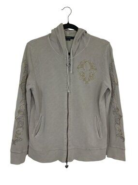 Vertigo XL Beige Zip-Up Hoodie With Gold Embroidery & Heart Zipper Pull
